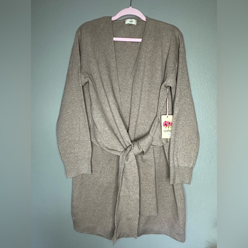 Sz L Entero Warm Tan Gray Wrap Sweater Stretch Long Sleeve Dress